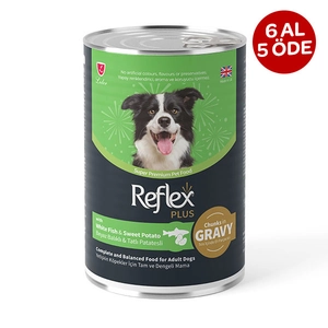 Reflex Plus sos içinde et parçacıklı beyaz balıklı ve tatlı patatesli yetişkin köpek maması 400 gr - 2