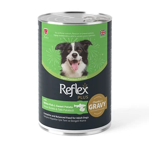 Reflex Plus sos içinde et parçacıklı beyaz balıklı ve tatlı patatesli yetişkin köpek maması 400 gr