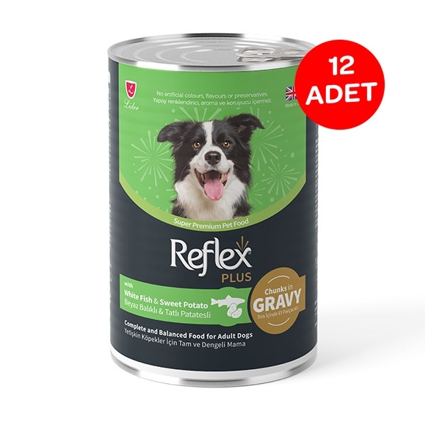 Reflex Plus sos içinde et parçacıklı beyaz balıklı ve tatlı patatesli yetişkin köpek maması 400 gr X 12 Adet - 1