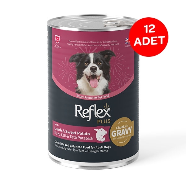 Reflex Plus Sos İçinde Et Parçacıklı Kuzu Etli ve Tatlı Patatesli Yetişkin Köpek Yaş Maması 400 g (12 Adet) - 1