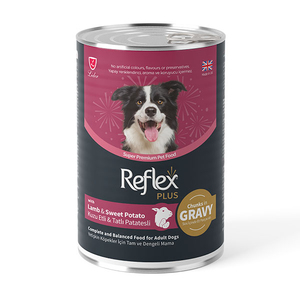 Reflex Plus sos içinde et parçacıklı kuzu etli ve tatlı patatesli yetişkin köpek maması 400 gr