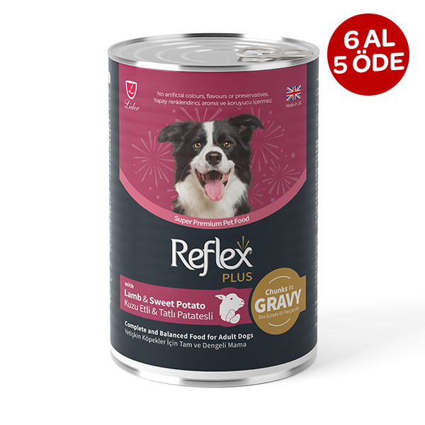 Reflex Plus Sos İçinde Et Parçacıklı Kuzu Etli ve Tatlı Patatesli Yetişkin Köpek Konservesi 400 g - 2