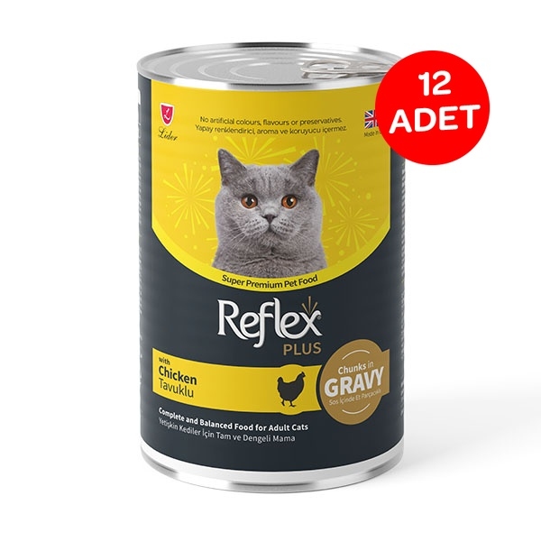 Reflex Plus sos içinde et parçacıklı tavuklu yetişkin kedi maması 400 gr X 12 Adet - 1
