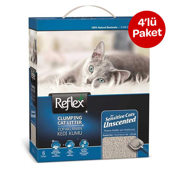 Reflex Sensitive Parfümsüz Topaklanan Kedi Kumu 6 L (4 Adet) - 1
