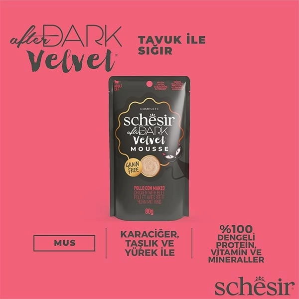 Schesir After Dark Pouch Tavuk ve Sığır Etli Tahılsız Yetişkin Kedi Konservesi 80gr - 5