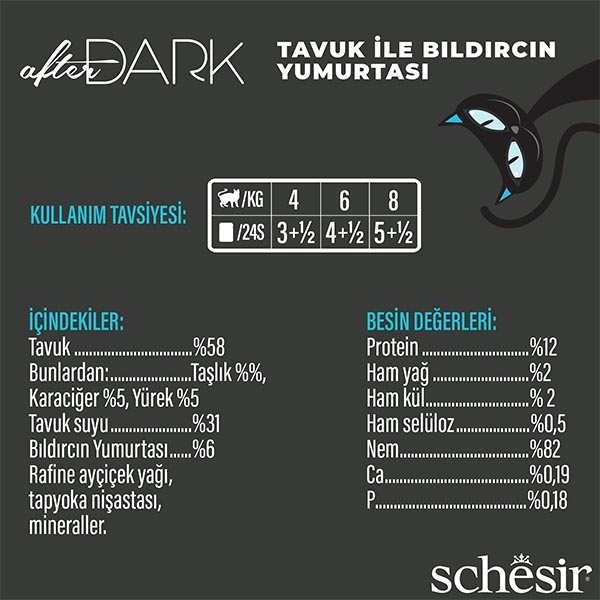 Schesir After Dark Tavuklu ve Bıldırcın Yumurtalı Et Suyunda Tam ve Dengeli Yetişkin Kedi Yaş Maması 80 g - 3