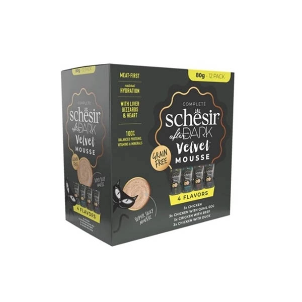 Schesir After Dark Tavuk&Bıldırcın Yumurtası&Sığır&Ördek Et Suyunda Mus Yetişkin Kedi Pouch Çeşit Paketi 12x80g - 1