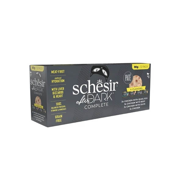 Schesir After Dark Tavuk&Bıldırcın Yumurtası&Sığır&Ördek Et Suyunda Paté Yetişkin Kedi Yaş Maması Çeşit Paketi 12x80g - 1