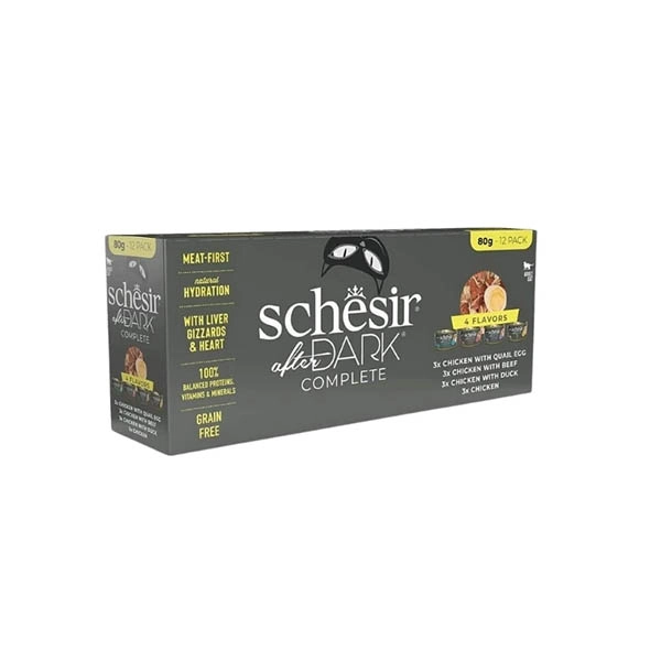 Schesir After Dark Tavuk&Bıldırcın Yumurtası&Sığır&Ördek Et Suyunda Yetişkin Kedi Konservesi Çeşit Paketi 12x80g - 1