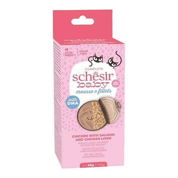 Schesir Baby Cat Tavuklu, Somonlu ve Tavuk Ciğerli Mus ve Fileto Tam ve Dengeli Yavru Kedi Yaş Maması 55 g (3 Adet) - 1