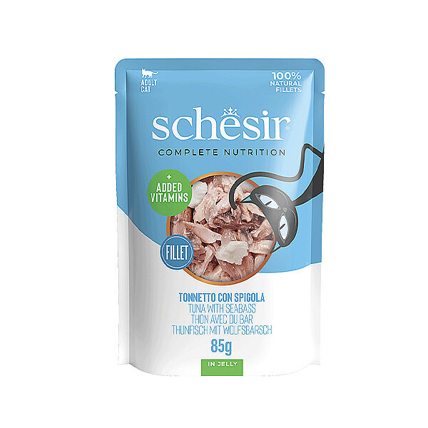 Schesir Jelly Ton Balıklı ve Levrekli Jöle İçinde Yetişkin Kedi Yaş Maması 85 g