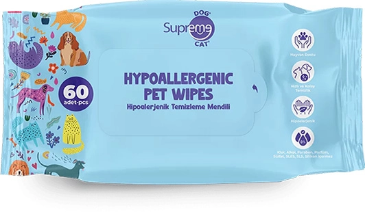 Supreme Kokusuz Hipoalerjenik Köpek Temizleme Mendili 60 Adet – Hassas Ciltler İçin Uygun - 1