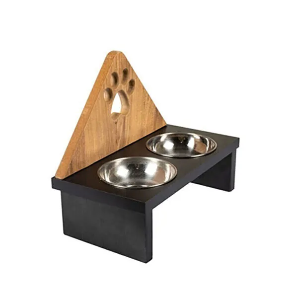 Tigres Stuff Çelik Kaseli Pati Desenli Ahşap Mama ve Su Kabı - 2