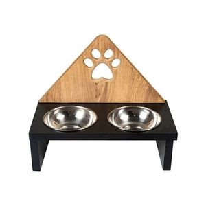 Tigres Stuff Çelik Kaseli Pati Desenli Ahşap Mama ve Su Kabı - 3