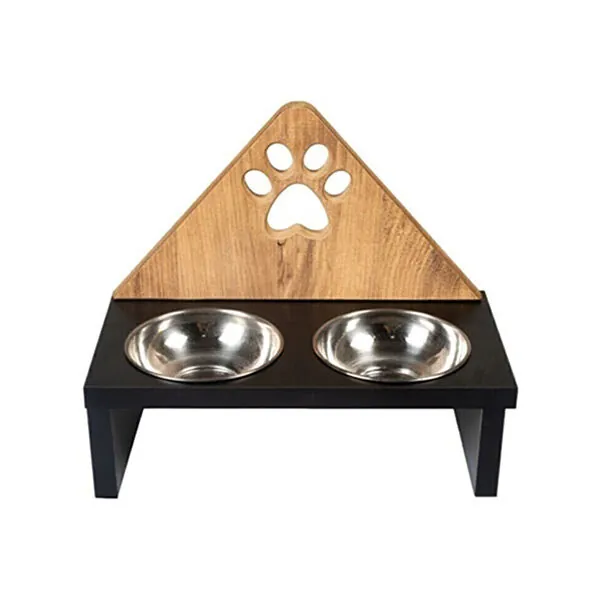 Tigres Stuff Çelik Kaseli Pati Desenli Ahşap Mama ve Su Kabı - 3