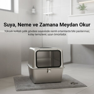 Tigres CleanSteel Premium Paslanmaz Çelik Üstten Girişli Kedi Tuvalet Kabı – 60 cm, Hijyenik & Lüks Tasarım - 4
