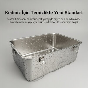 Tigres CleanSteel Premium Paslanmaz Çelik Üstten Girişli Kedi Tuvalet Kabı – 60 cm, Hijyenik & Lüks Tasarım - 5