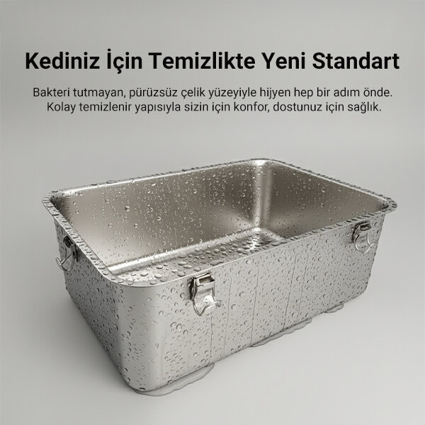 Tigres CleanSteel Premium Paslanmaz Çelik Üstten Girişli Kedi Tuvalet Kabı – 60 cm, Hijyenik & Lüks Tasarım - 5