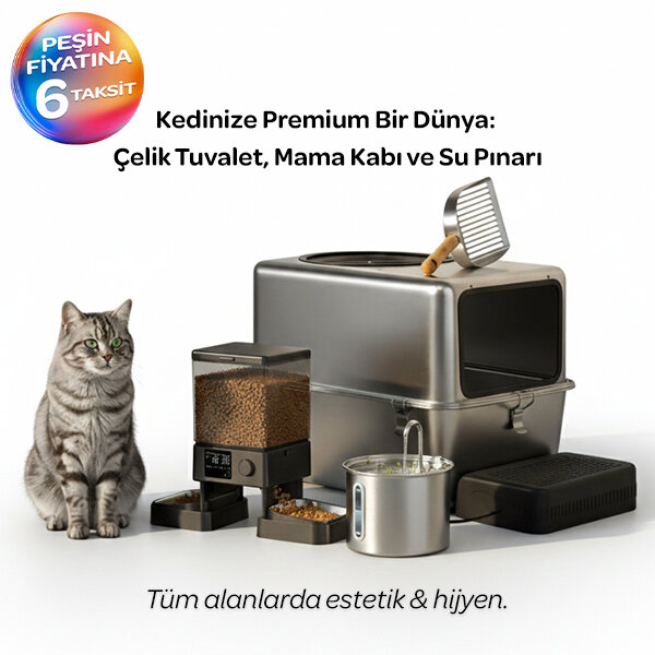 Tigres CleanSteel Premium Hijyen Seti – Paslanmaz Çelik Kedi Tuvaleti +  Zaman Ayarlı Otomatik İkili Mama Kabı + 2L Su Pınarı - 1