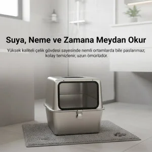 Tigres CleanSteel Premium Paslanmaz Çelik Üstten Girişli Kedi Tuvalet Kabı – 60 cm, Hijyenik & Lüks Tasarım - 4