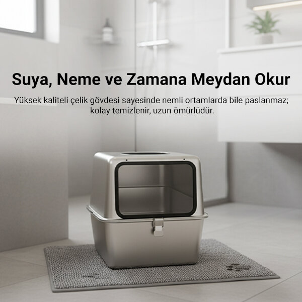 Tigres CleanSteel Premium Paslanmaz Çelik Üstten Girişli Kedi Tuvalet Kabı – 60 cm, Hijyenik & Lüks Tasarım - 4