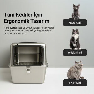 Tigres CleanSteel Premium Paslanmaz Çelik Üstten Girişli Kedi Tuvalet Kabı – 60 cm, Hijyenik & Lüks Tasarım - 6