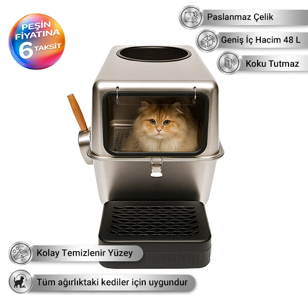 Tigres CleanSteel Premium Paslanmaz Çelik Üstten Girişli Kedi Tuvalet Kabı – 60 cm, Hijyenik & Lüks Tasarım - 1