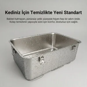 Tigres CleanSteel Premium Hijyen Seti – Paslanmaz Çelik Kedi Tuvaleti +  Zaman Ayarlı Otomatik İkili Mama Kabı + 2L Su Pınarı - 8
