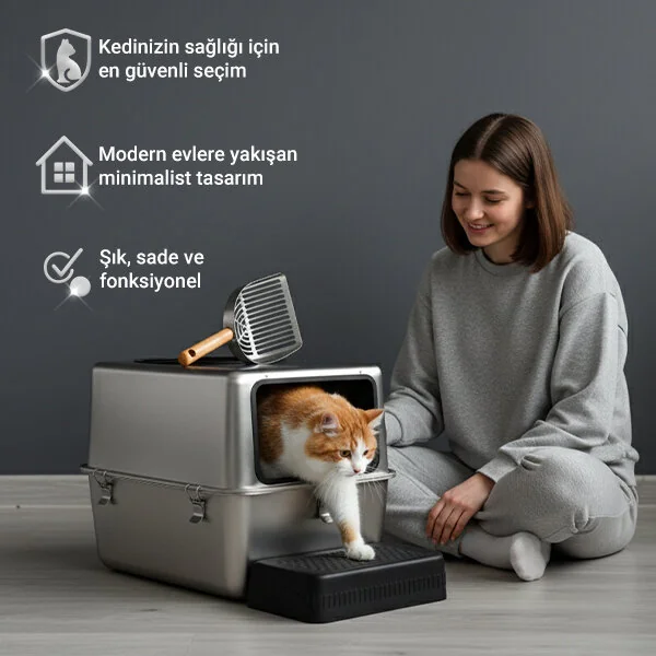 Tigres CleanSteel Premium Hijyen Seti – Paslanmaz Çelik Kedi Tuvaleti +  Zaman Ayarlı Otomatik İkili Mama Kabı + 2L Su Pınarı - 5