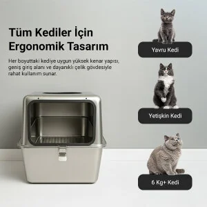 Tigres CleanSteel Premium Hijyen Seti – Paslanmaz Çelik Kedi Tuvaleti +  Zaman Ayarlı Otomatik İkili Mama Kabı + 2L Su Pınarı - 9