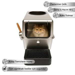 Tigres CleanSteel Premium Hijyen Seti – Paslanmaz Çelik Kedi Tuvaleti +  Zaman Ayarlı Otomatik İkili Mama Kabı + 2L Su Pınarı - 2