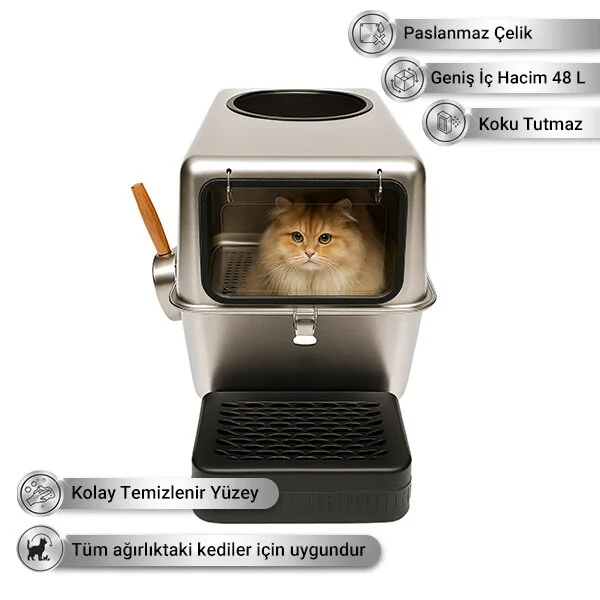 Tigres CleanSteel Premium Hijyen Seti – Paslanmaz Çelik Kedi Tuvaleti +  Zaman Ayarlı Otomatik İkili Mama Kabı + 2L Su Pınarı - 2