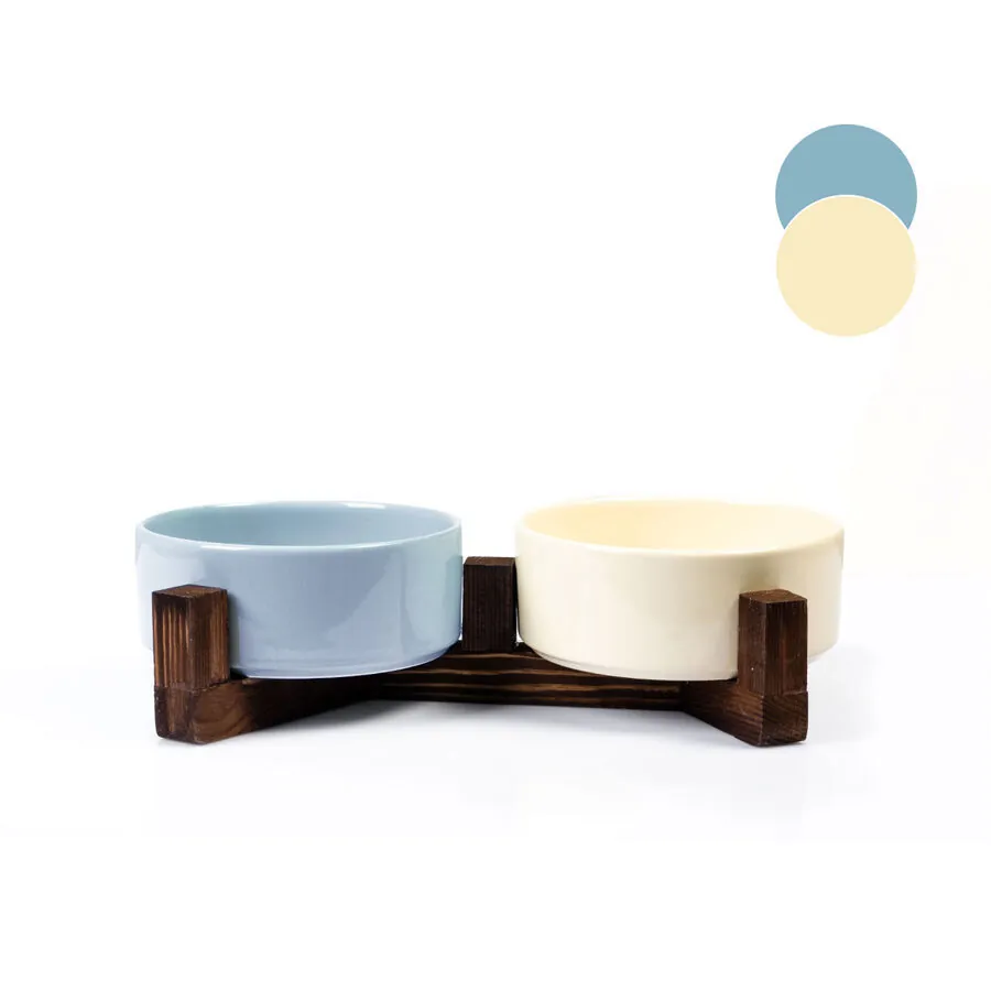 Tigres Stuff Boyun Destekleyici Seramik 2'li Mama Ve Su Kabı Açık Mavi-Fildişi - 1