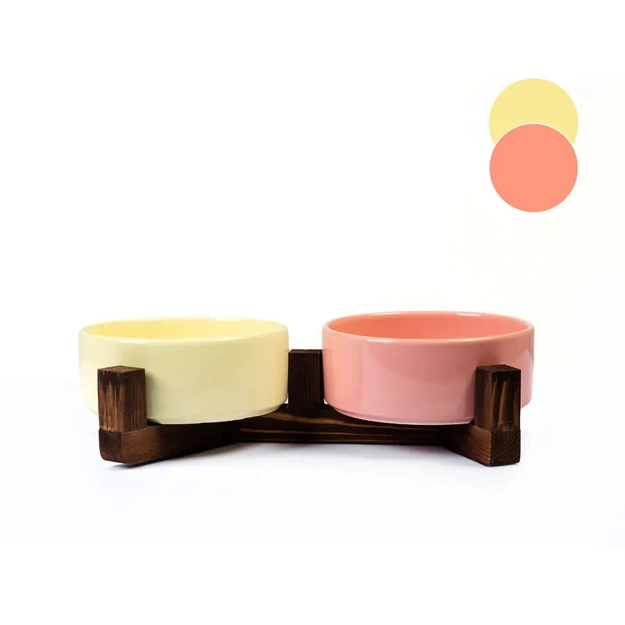 Tigres Stuff Boyun Destekleyici Seramik 2'li Mama Ve Su Kabı Pembe-Sarı - 1
