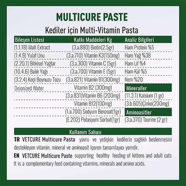 Vetcure Multicure Kedi Multivitamin ve Mineral Desteği Paste 100 gr - 2