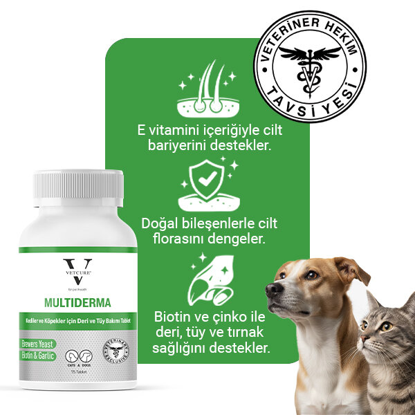 Vetcure Multiderma Kedi ve Köpek Deri Tüy ve Tırnak Sağlığı Destekleyici 75 Tablet - 3