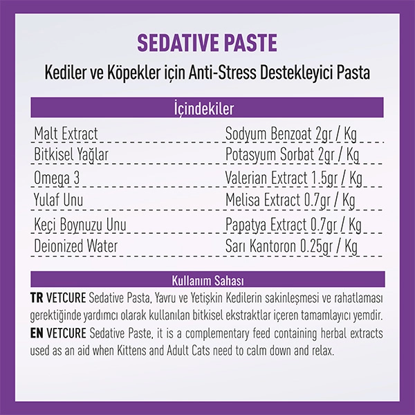 Vetcure Sedative Kedi ve Köpek Anksiyete ve Stres Davranış Sorunları Destekleyici Paste 100 gr - 2