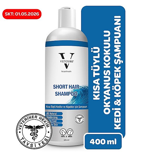 Vetcure Short Hair Kedi ve Köpekler İçin Okyanus Kokulu Kısa Tüylü Şampuan 400 ML - 1