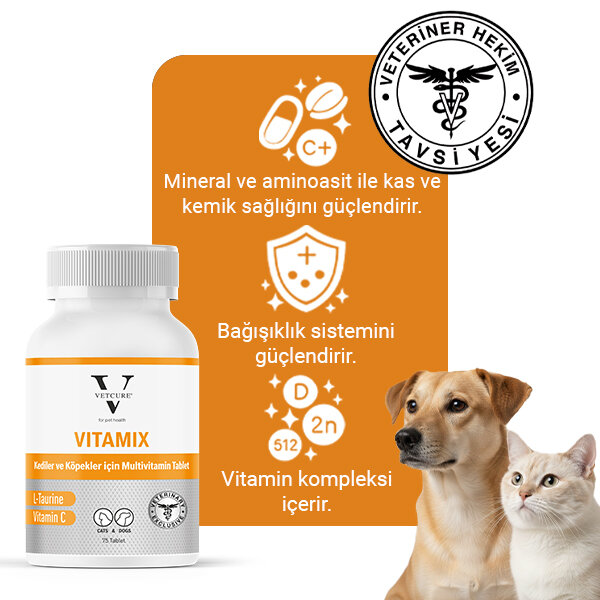 Vetcure Vitamix Kedi ve Köpek Multivitamin ve Mineral Aminoasit Desteği 75 Tablet - 3