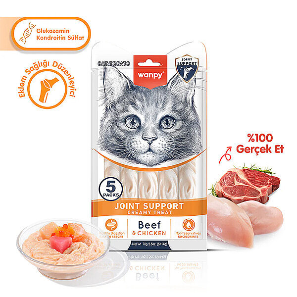 Wanpy Bone Support - Eklem Sağlığı Sığır Et & Tavuk Kedi Krema Ödül Maması 14gr (5'li)