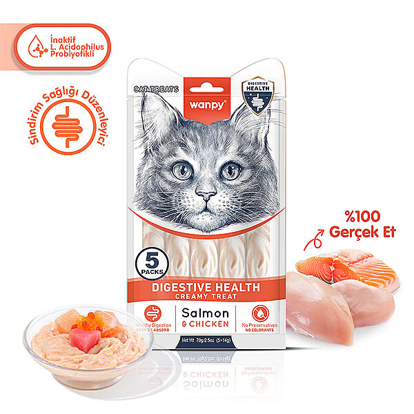Wanpy Digestive Health Somonlu ve Tavuklu Sindirim Desteği Krema Kedi Ödül Maması 14gr (5'li) - 1