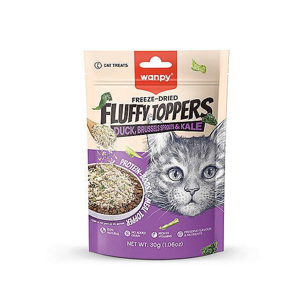 Wanpy Fluffy Topper Ördekli, Brüksel Lahanalı ve Kara Lahanalı Dondurularak Kurutulmuş Kedi Ödül Maması 30 g