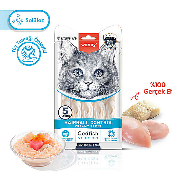 Wanpy Hairball Control Morinalı ve Tavuklu Tüy Yumağı Önleyici Krema Kedi Ödül Maması 14gr (5'li)