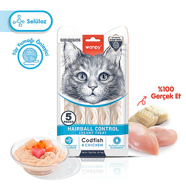 Wanpy Hairball Control Morinalı ve Tavuklu Tüy Yumağı Önleyici Krema Kedi Ödül Maması 14gr (5'li) - 1