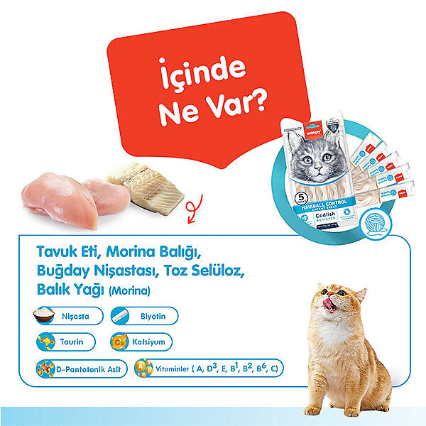 Wanpy Hairball Control Morinalı ve Tavuklu Tüy Yumağı Önleyici Krema Kedi Ödül Maması 14gr (5'li) - 3