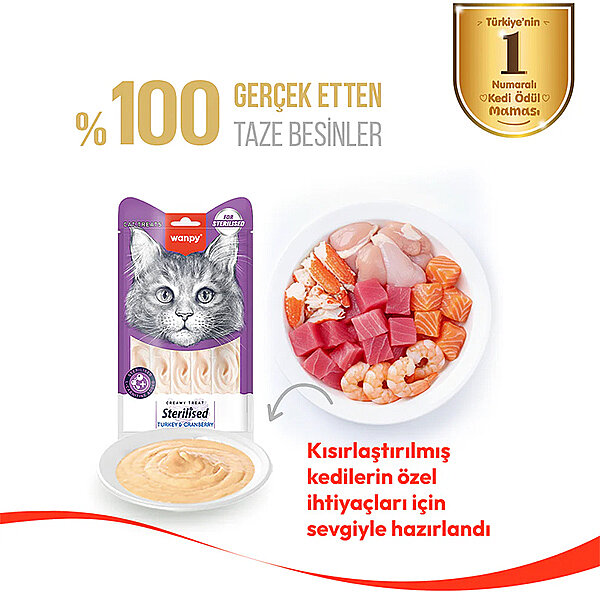 Wanpy Hindili ve Kızılcıklı Kısırlaştırılmış Krema Kedi Ödülü 14gr (5'li) - 1