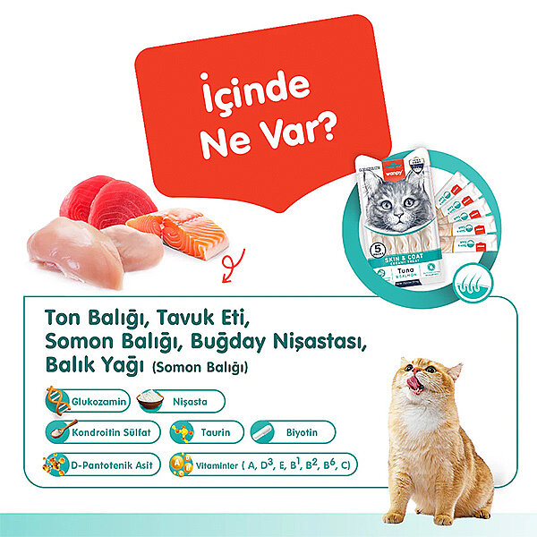 Wanpy Skin&Coat Ton Balıklı ve Somonlu Tüy Sağlığı Destekleyici Krema Kedi Ödül Maması 14gr (5'li) - 3