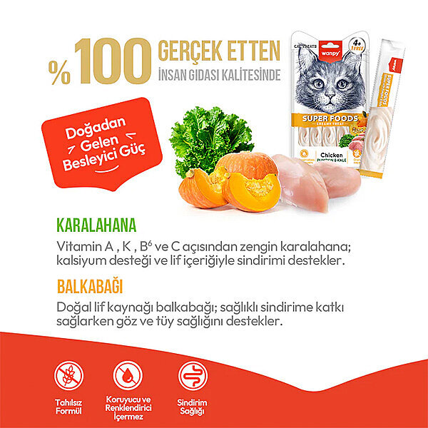 Wanpy Superfood Balkabaklı ve Kara Lahanalı Krema Kedi Ödülü 14gr (5'li) - 3