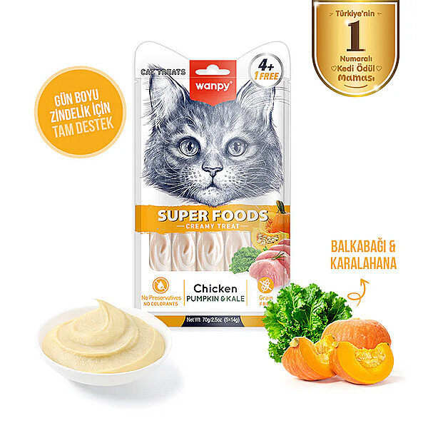 Wanpy Superfood Balkabaklı ve Kara Lahanalı Krema Kedi Ödülü 14gr (5'li)