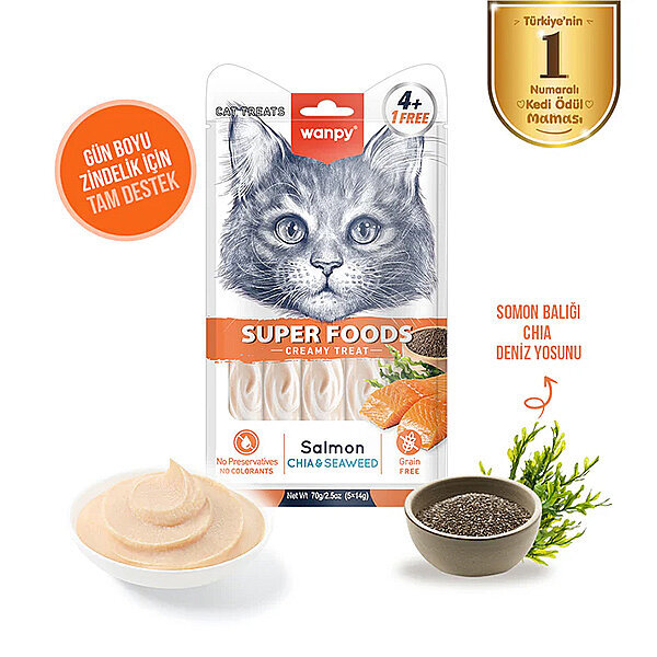 Wanpy Superfood Somonlu Chia ve Deniz Yosunlu Krema Kedi Ödülü 14gr (5'li)